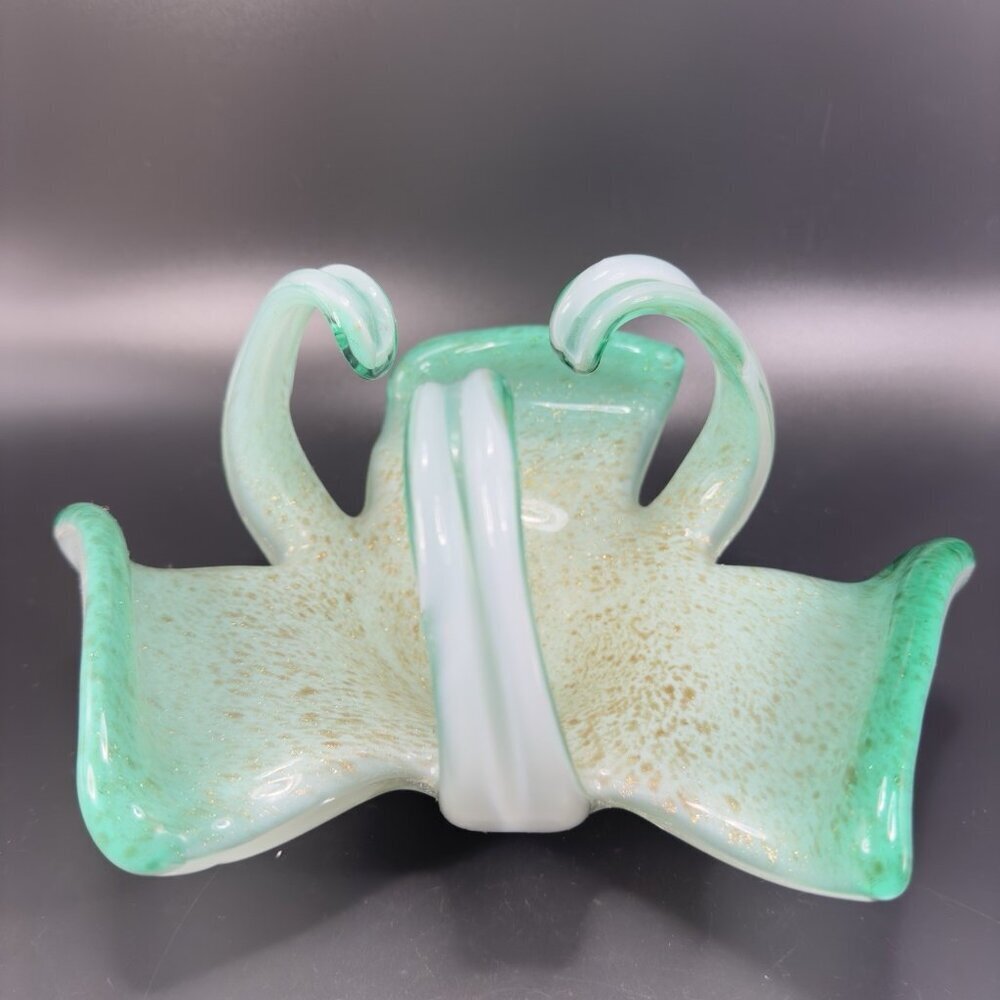 Venetian Murano Art Glass Dish Bowl Centerpiece Hand Blown Glass Green Flecks